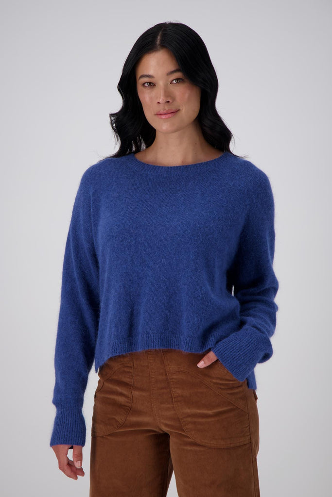 Olga de Polga Portland angora wool sweater in Cobalt Blue. Slightly cropped length with long sleeves, and a round neckline. Front view.