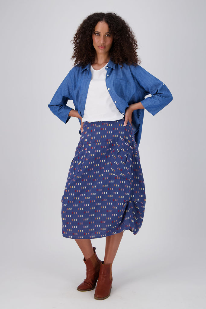Olga de POlga Milwaukee skirt in the new 100% Blue Telegraph woven cotton. Best selling skirt. Front full length view on model.