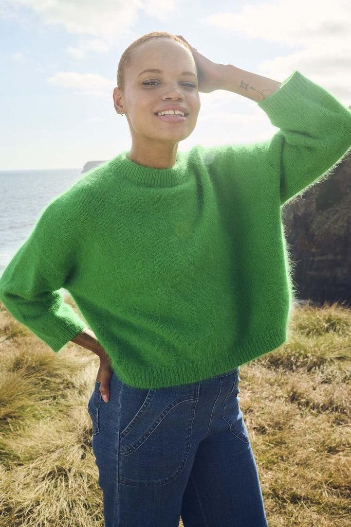Olga de Polga's best selling angora knit jumper with a round neckline and dropped shoulders. This is our cosiest jumper ever. Comes in a range of colours. Front close up image