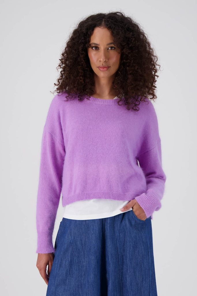 Olga de Polga Lilac Portland Angora sweater in colour Lavender. Front view on model.