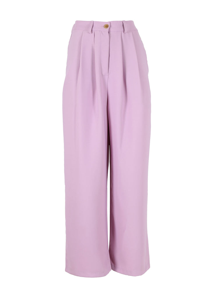 Olga de Polga Lilac Calliope trousers. This is a classic pleated, wide-leg pant that can be worn for work and play. Fluid and comfortable, and tailored to perfection. Front view