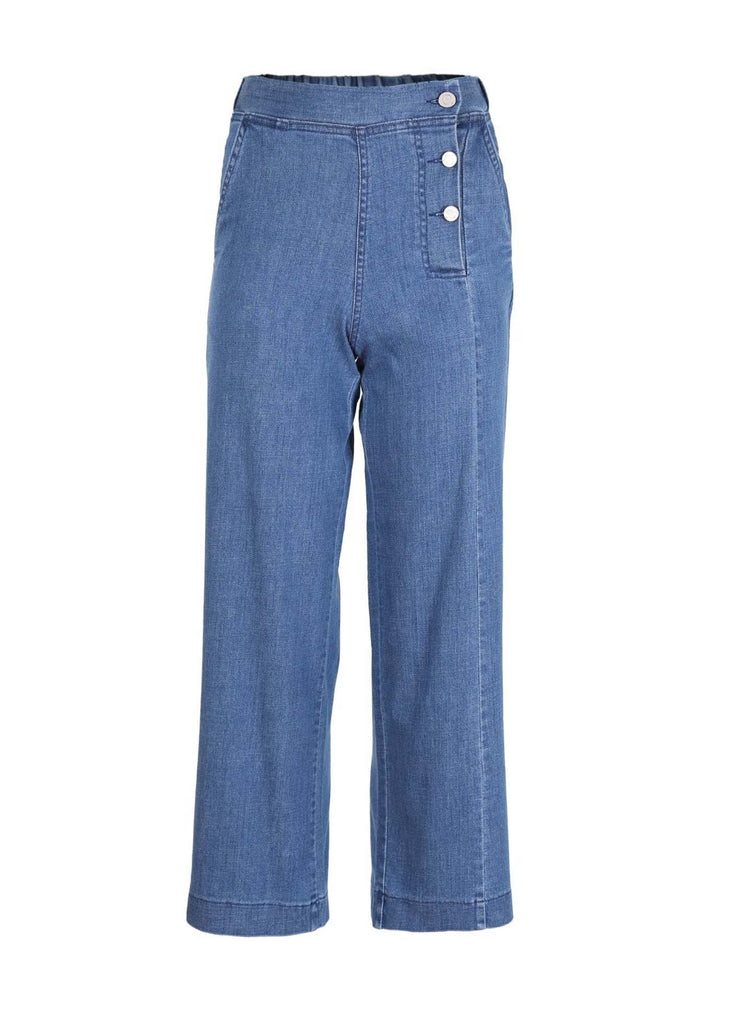 Our Betsy jeans style features unique button detailing on the side to give our classic Peggy jeans a twist. Super comfortable with moderate stretch and an elasticised back. Classic denim colour. Free shipping over $100. Front view.