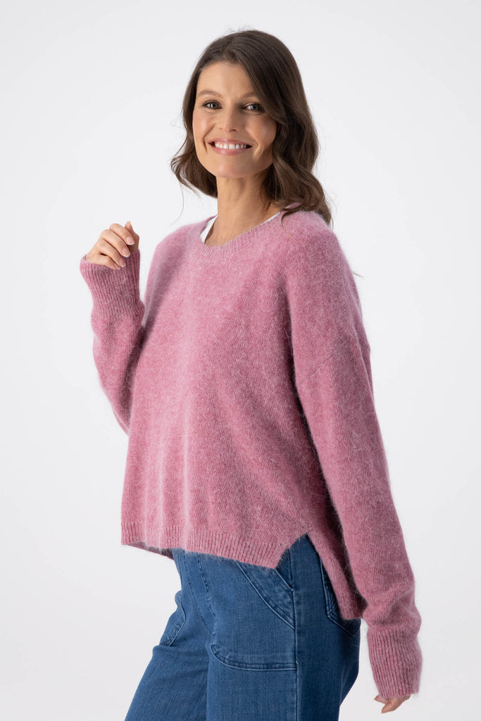 Olga de Polga Portland angora wool sweater in Blush Pink. Side front view
