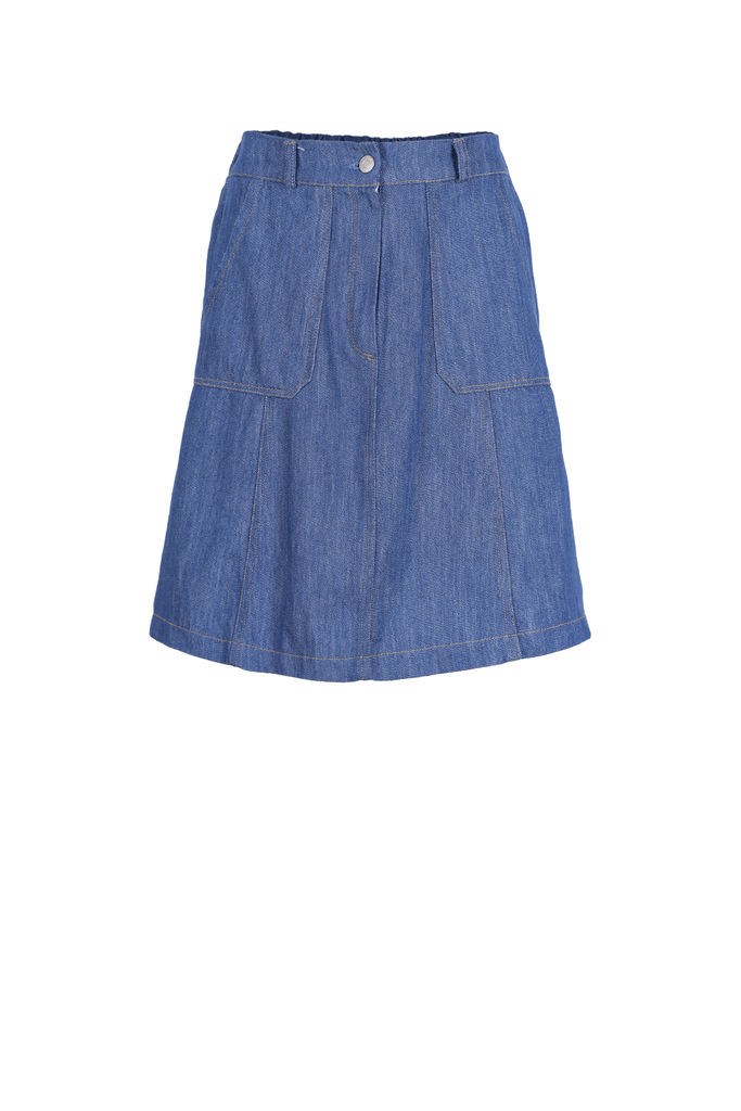 Olga de Polga jackson denim mini skirt with front zip opening and large front patch pockets. Front view
