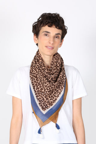 Panthera Border Print Cotton Scarf Blue and Mustard