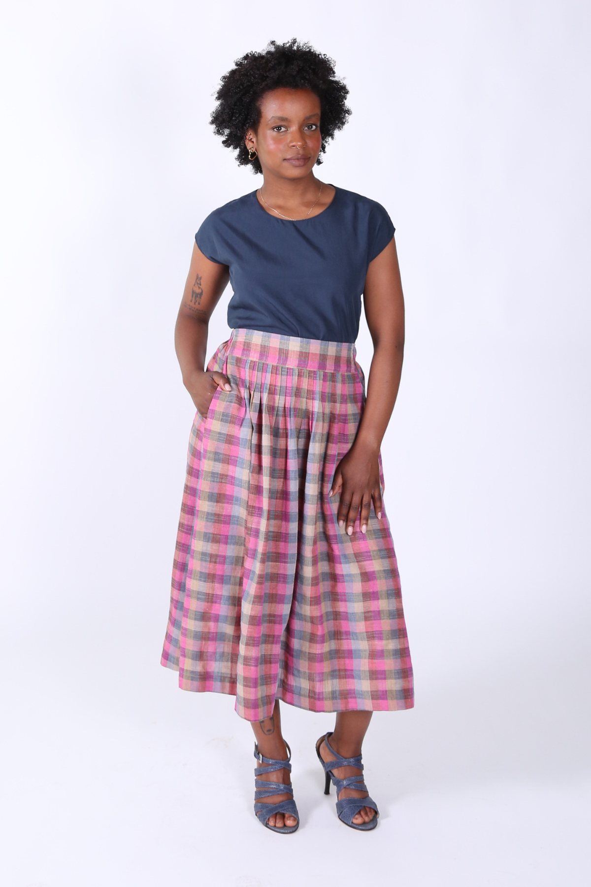 Tangier Plaid Skirt Fuschia in Linen/Cotton