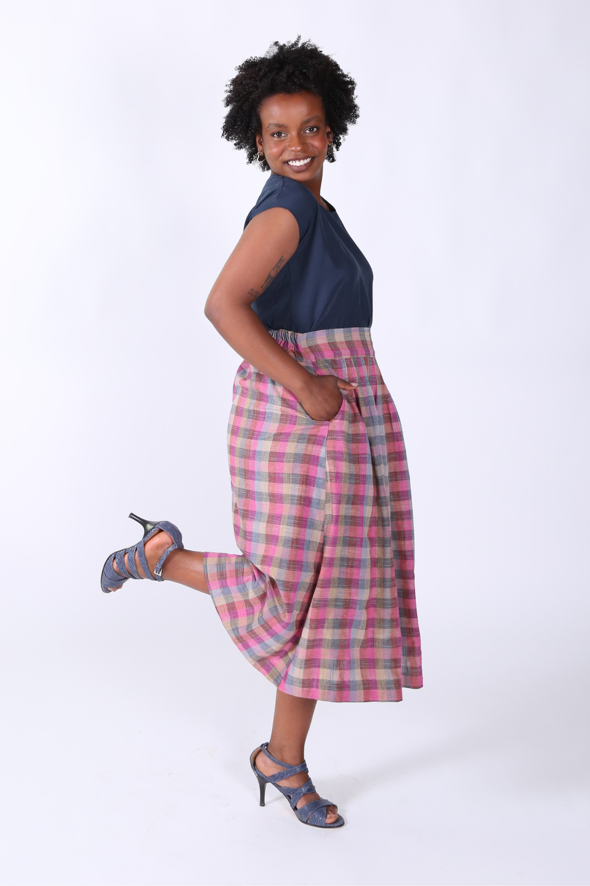 Tangier Plaid Skirt Fuschia in Linen/Cotton