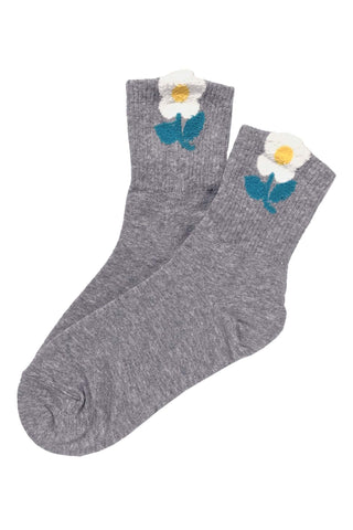 Grey Fluffy Flower Ankle Socks