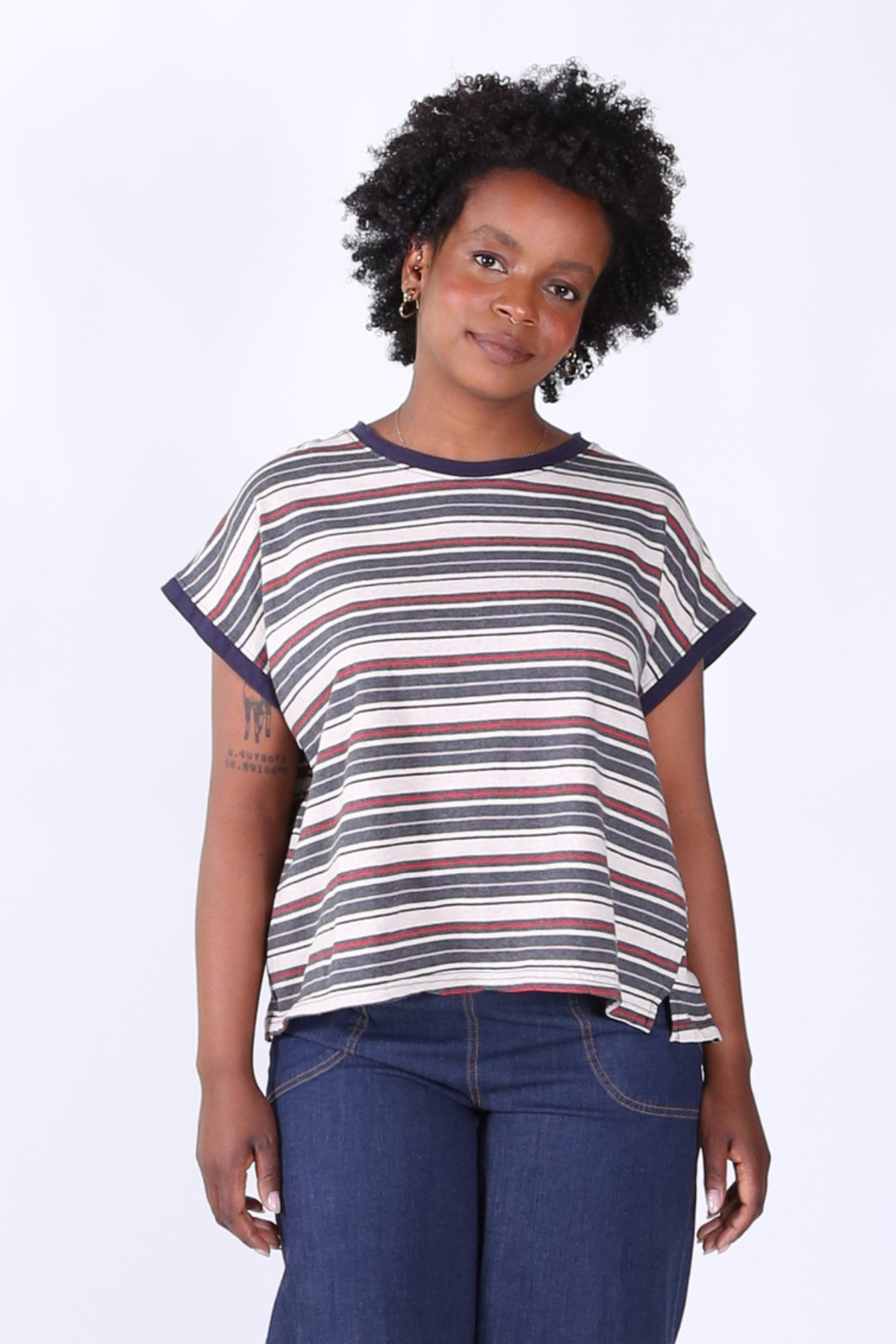 Haco Slouch Stripe Cotton T-Shirt Navy