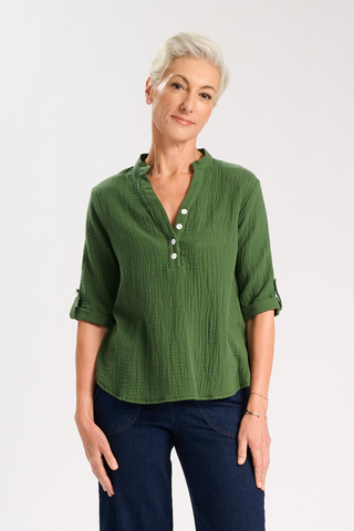 Lucie Shirt Green in French Weave Cotton