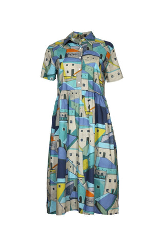 Pueblito Villa Dress Long Blue in Cotton
