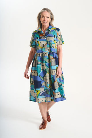 Pueblito Villa Dress Long Blue in Cotton