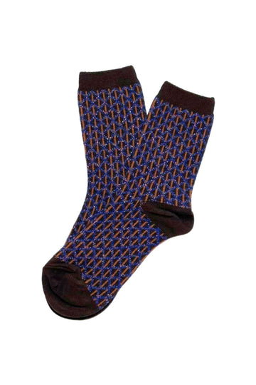 Olga de Polga Sparkle Diamond Socks Brown, with a blue metallic thread diamond pattern.