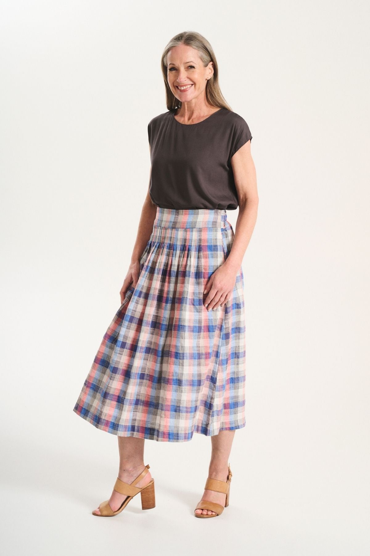 Tangier Plaid Skirt Pink in Linen/Cotton