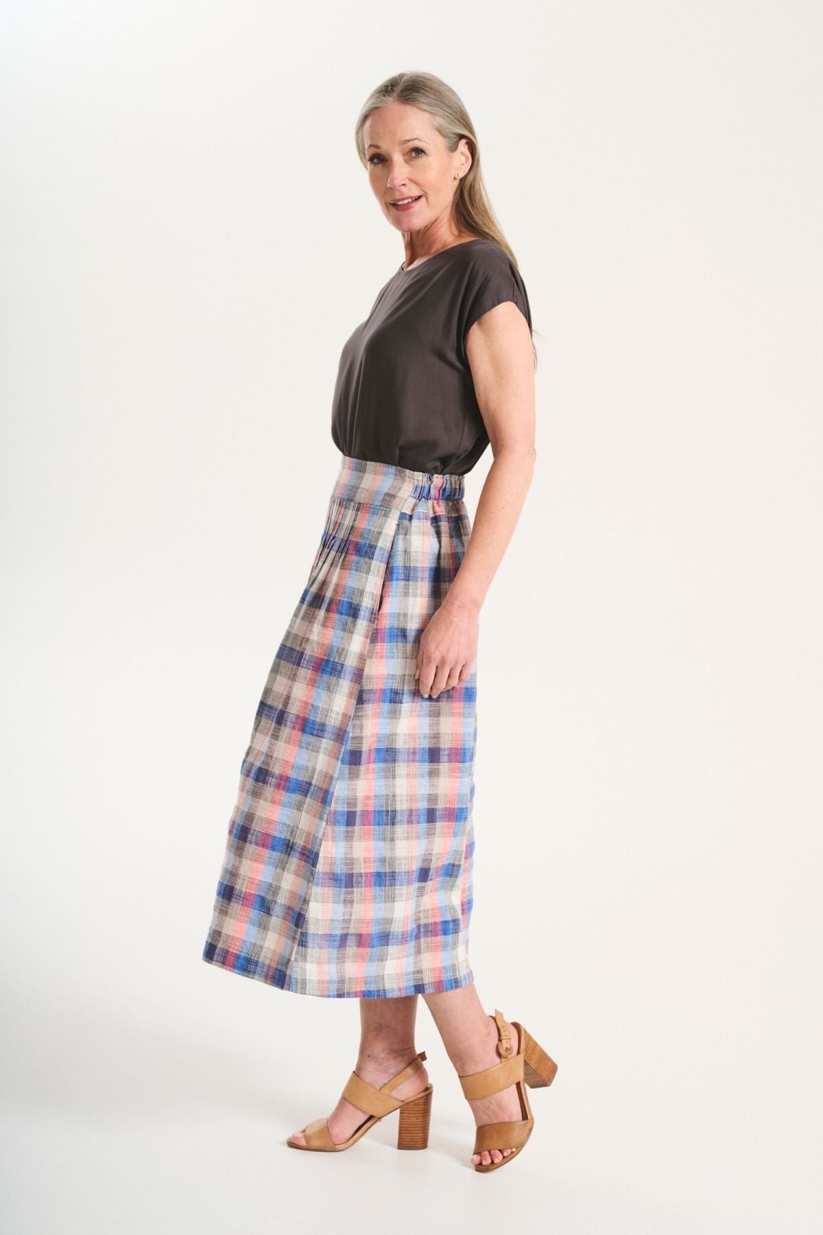 Tangier Plaid Skirt Pink in Linen/Cotton