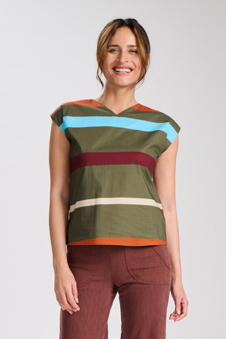 Valencia Stripe Two-Way Tee Khaki in Cotton