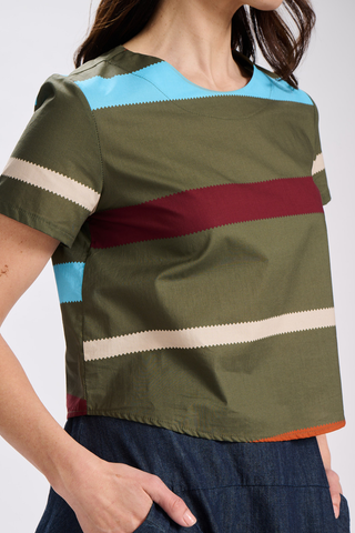 Valencia Stripe Short Top Khaki in Cotton