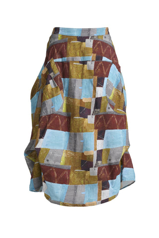 Olga de Polga blue Azure Kismet printed Milwaukee skirt in fine cord. Our best selling incredibly unique, chic and original skirt. It is universally flattering, highly versatile, and super comfortable. Perfect to throw on and go.  Front view