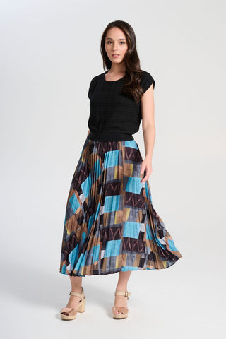 Olga de Polga blue Azure Kismet Pleated skirt. Fully elasticated waistband.  Front full view on model