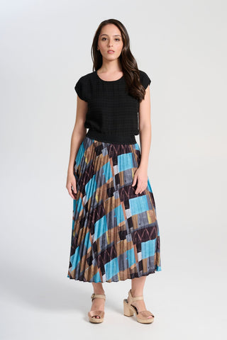 Olga de Polga blue Azure Kismet Pleated skirt. Fully elasticated waistband. Front view on model.