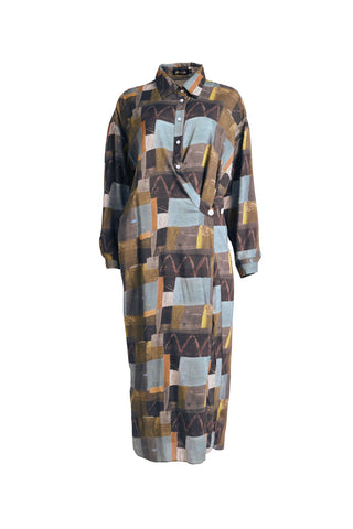 Olga de Polga Fluido dress in Azure Kismet soft wash Tencel fabric. A wrap shirt dress with long sleeves and a side split.  Front view