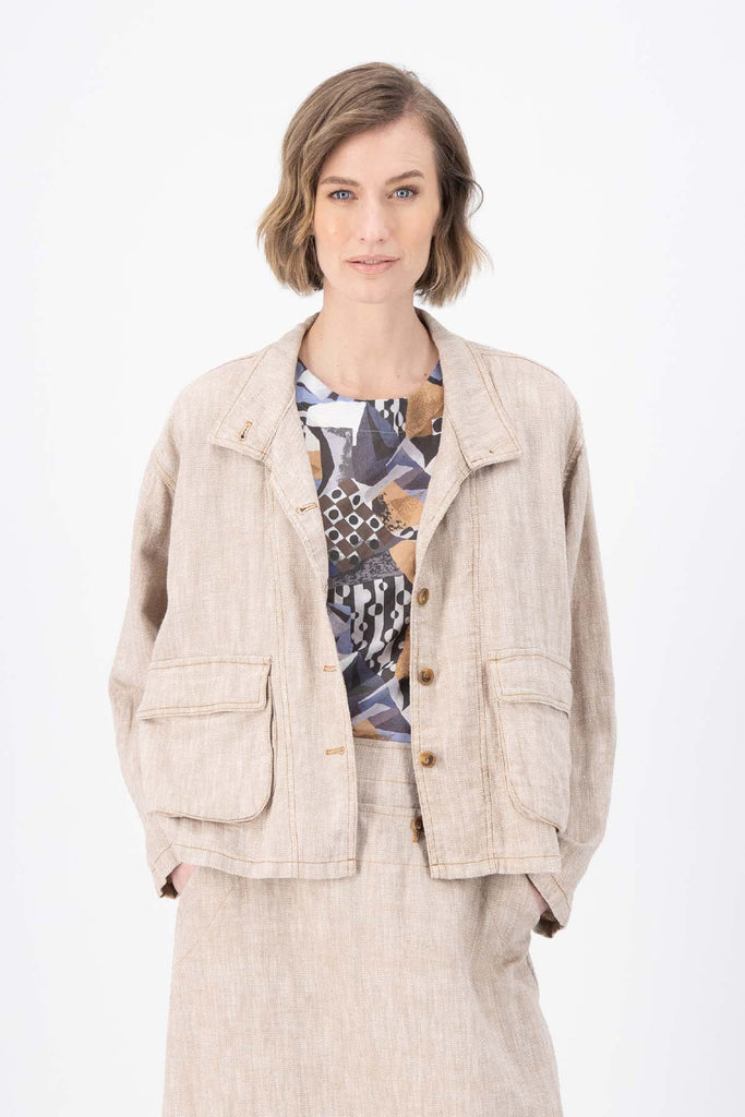 Olga de Polga Billie jacket in herringbone linen. Colour Beige. Front view on model.