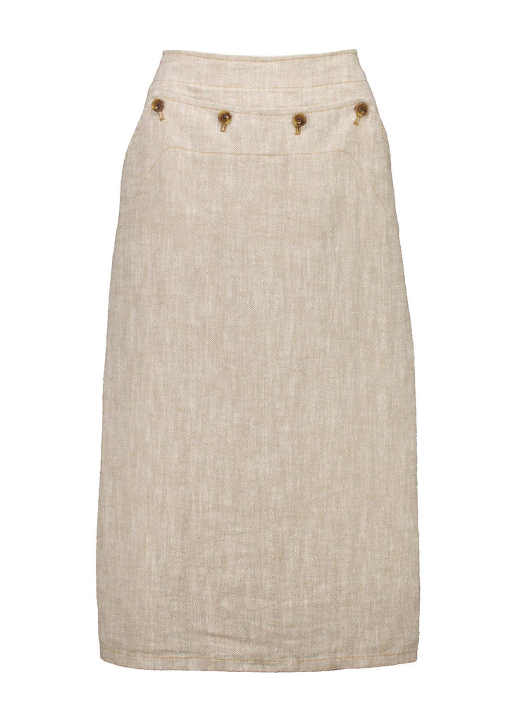 Olga de Polga Hepburn skirt in herringbone linen. Colour beige. Featuring a unique button detail at the waist that forms a flattering pocket shape, this skirt adds personality to any outfit. With an elasticated back waist for comfort, it finishes just below the knee and has a stylish back split for ease of movement. Front view.