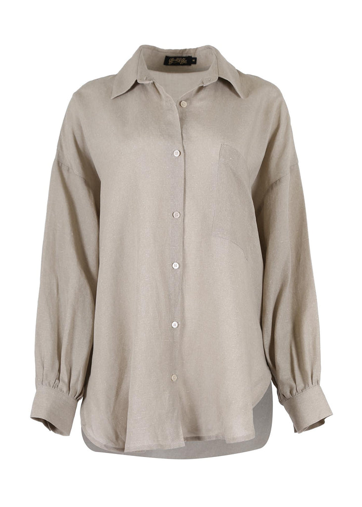 Olga de Polga Le Bon Shirt Blouse in a Beige Wheat tencel and linen blend. Oversized shirt with a relaxed fit and long sleeves. Front view.