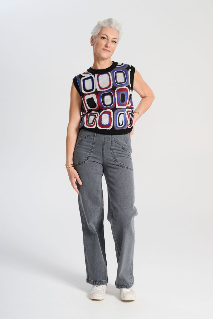 Olga de Polga Black Knitted vest - the Cool Bristol Knit Vest. Front full length view on model.