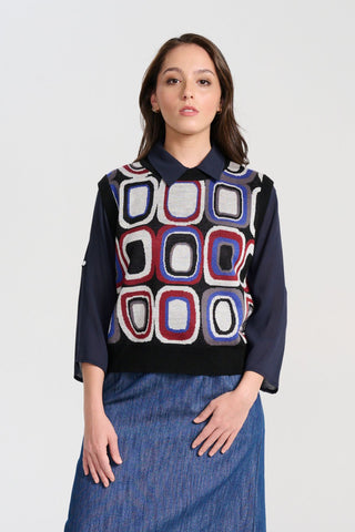 Olga de Polga Black Knitted vest - the Cool Bristol Knit Vest. Front close view on model.