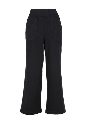 Black Denim Twill Peggy Pants in original cropped ankle length. With big front patch pockets and a back elasticated waist. These are your super comfy every day pants. Front view.