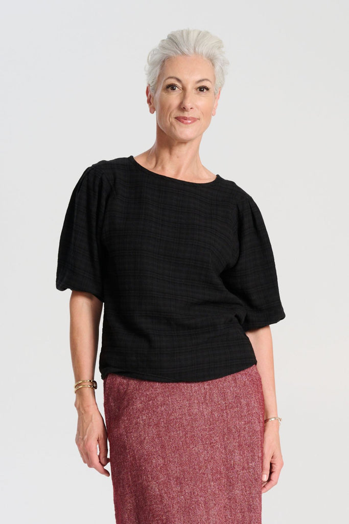 Olga de Polga classic Black Ella Blouse in brushed seersucker. Front view on model, close-up