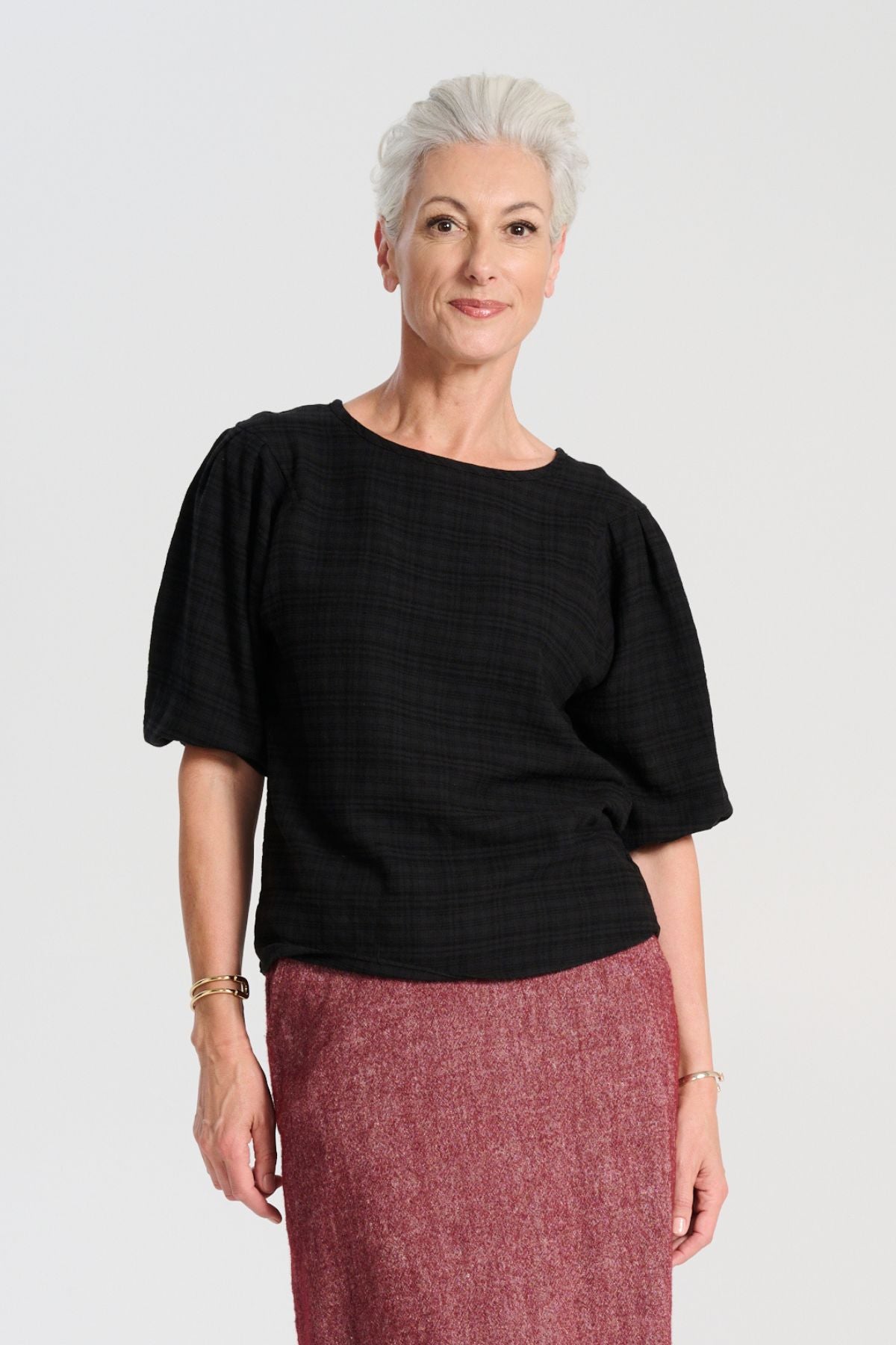 Olga de Polga classic Black Ella Blouse in brushed seersucker. Front view on model, close-up