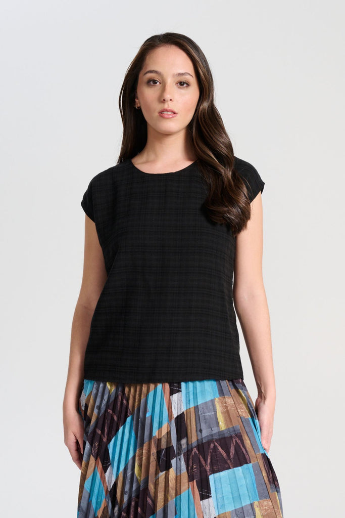 Olga de Polga Ella Tee Black in brushed seersucker fabric. Front view on model.