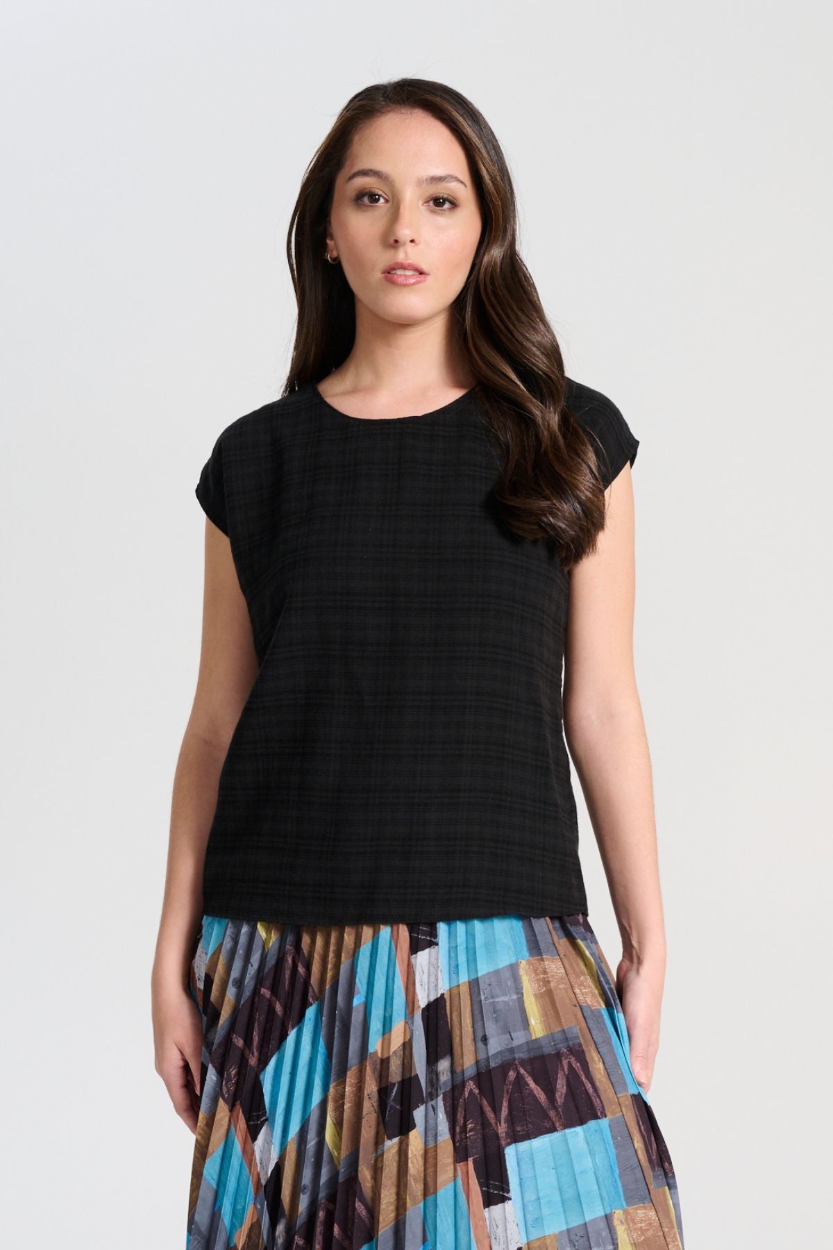 Olga de Polga Ella Tee Black in brushed seersucker fabric. Front view on model.
