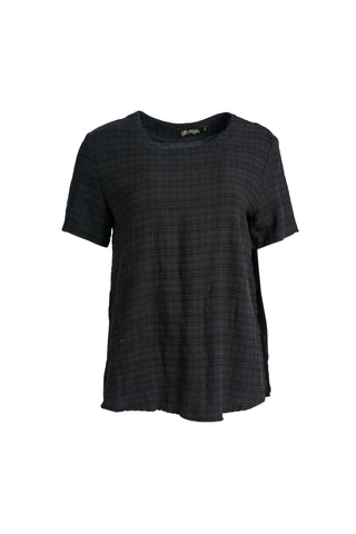 Olga de Polga t-shirt classic top in black brushed cotton seersucker fabric with a subtle check. Short sleeves, round neckline and finishes at the hip. Front view