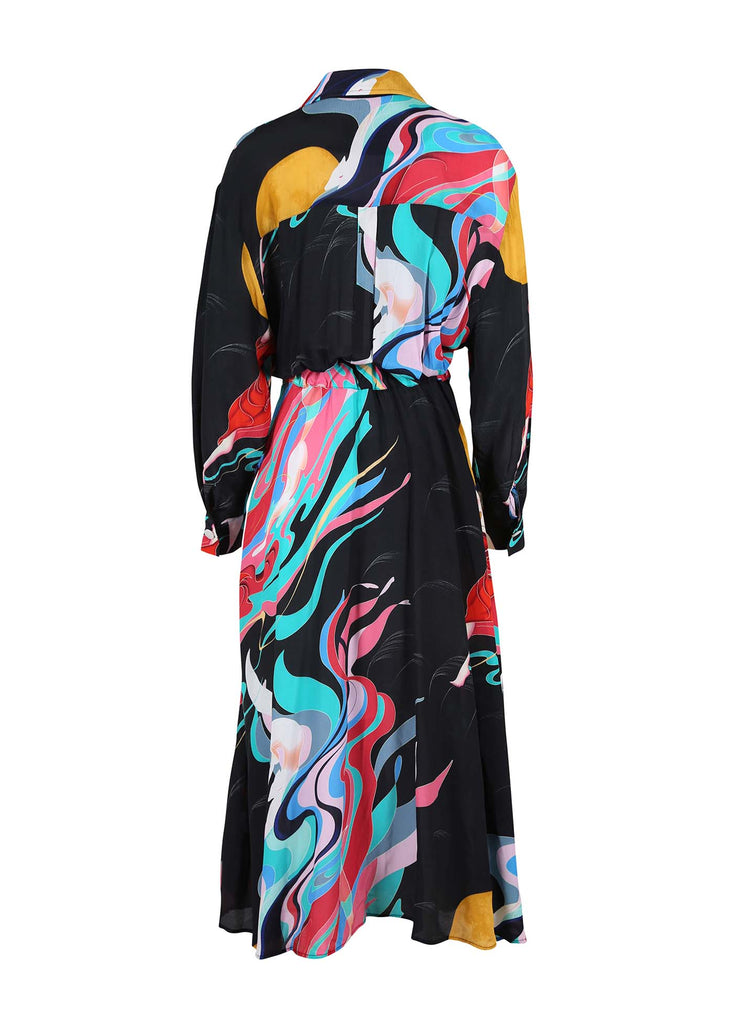 Olga de Polga Parisian shirt dress with long sleeves, a collar and front button opening to the waist. With a cinched in waist with elastic at the back waist; in the Black Faith print. Back view