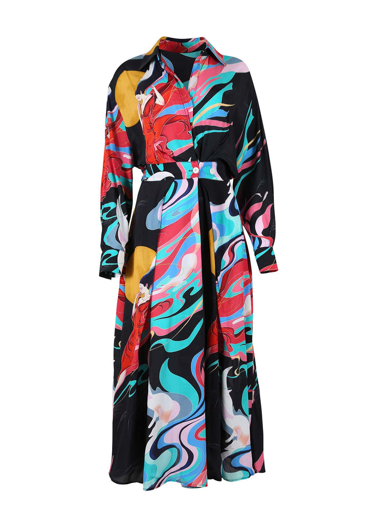 Olga de Polga Parisian shirt dress with long sleeves, a collar and front button opening to the waist. With a cinched in waist with elastic at the back waist;in the Black Faith print. Front view