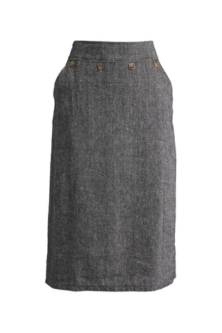 Olga de Polga Hepburn Haven skirt in black Licorice linen fabric. Back elasticated waistband, flat front waistband. Unique front button detail at front waist. Front view