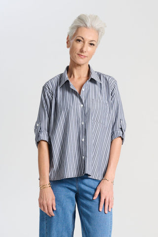 Olga de Polga striped Indra shirt in Licorice. The signature Olga Shirt is great for all occasions. It has an effortlessly chic, relaxed silhouette that drapes with ease. Leave it loose or tuck it in - the choice is yours. Front view on model