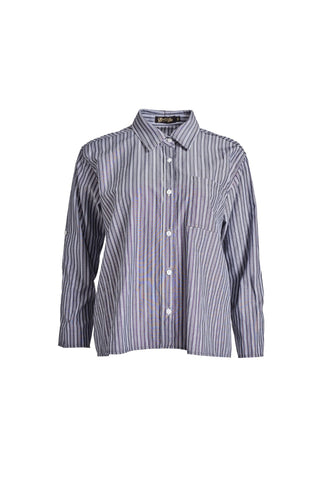 Olga de Polga striped Indra shirt in Licorice. The signature Olga Shirt is great for all occasions. It has an effortlessly chic, relaxed silhouette that drapes with ease. Leave it loose or tuck it in - the choice is yours. Front view