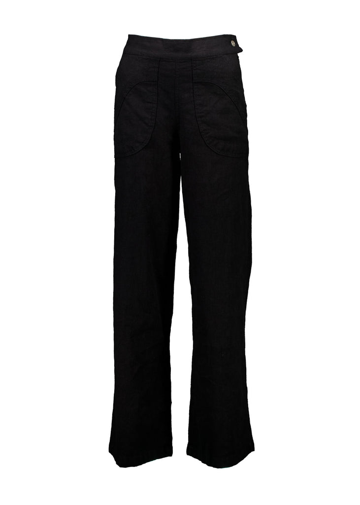 Olga de Polga Peggy Pants Long Lino in Black linen. Featuring a flattering high waist with an elasticated back, these pants provide all-day comfort while maintaining a sleek, streamlined look. With their stretchy wide-leg fit, flat front, and full-length silhouette, they effortlessly elevate any outfit. Front view.