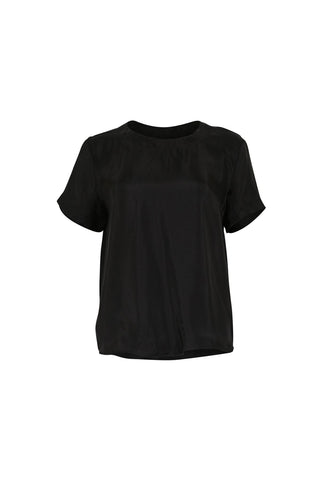 Olga de Polga women's black top t-shirt in a cupro viscose twill. Silky fabric.  Front view
