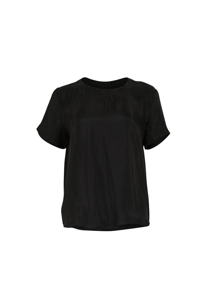 Olga de Polga women's black top t-shirt in a cupro viscose twill. Silky fabric.  Front view
