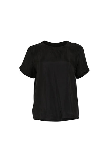 Olga de Polga women's black top t-shirt in a cupro viscose twill. Silky fabric.  Front view
