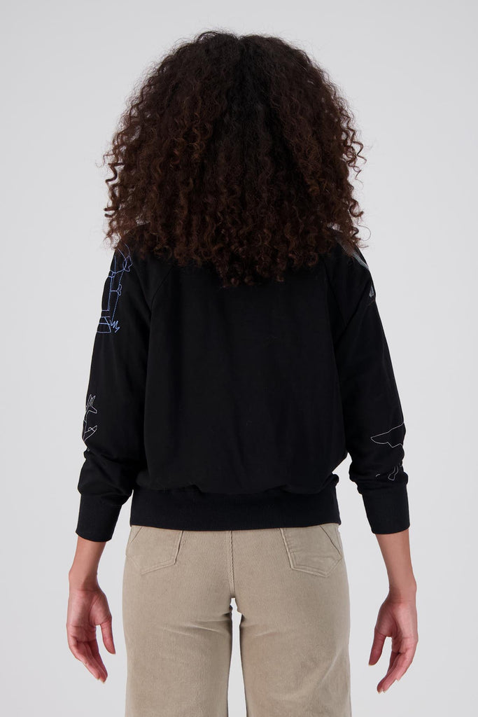 Black Olga de Polga Montage sweatshirt in a cotton tencel blend. The sweatshirt is embroidered with abstract motifs in a range of colours. Back view