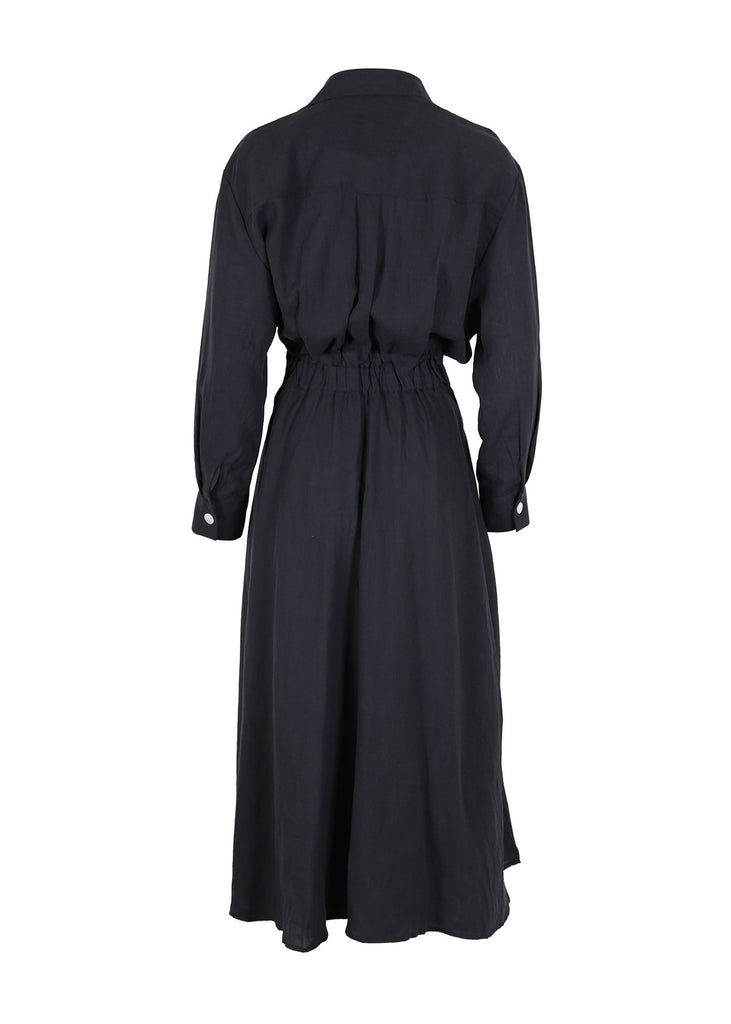 Olga de Polga black Parisian dress in a tencel linen blend. Midi length shirt dress with a cinched in waist. Back view