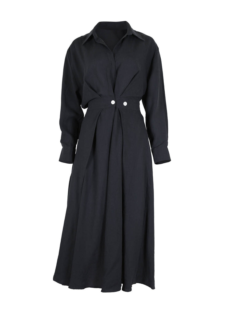 Olga de Polga black Parisian dress in a tencel linen blend. Midi length shirt dress with a cinched in waist. Front view