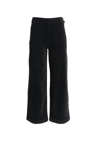 Olga de Polga Peggy Paris long pants in soft black cotton velvet. Soft to the touch yet durable, the fabric drapes beautifully while maintaining its shape, making these pants ideal for cooler months. Front view