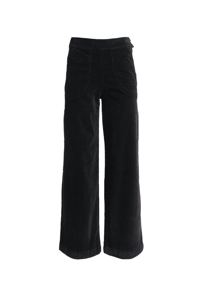 Olga de Polga Black Peggy Sue long pants in cotton velvet corduroy. Comfortable high waist. Elastic waistband at the back.
Stretchy wide leg.  Front view
